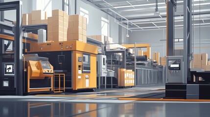Modern factory interior with automated machinery and packaged goods.
