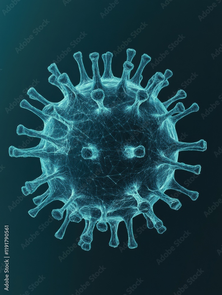 Poster minimalistic graphical representation of a virus suspended in a dark background with clear structure