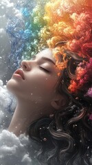 Surreal portrait of a young woman with rainbow hair amidst clouds.