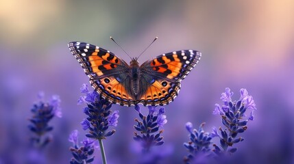 Obraz premium Butterfly perched on lavender, soft-focus background, nature, postcard