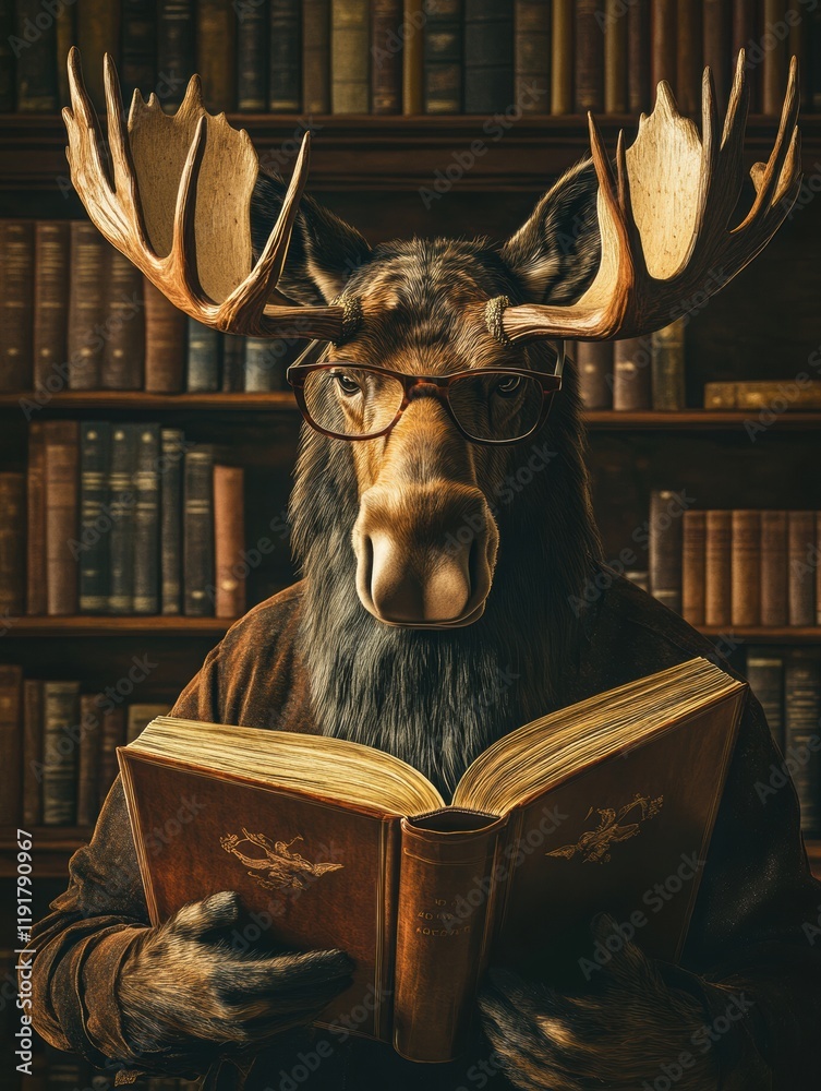 Aufkleber moose with reading glasses enjoys a book in a vintage library surrounded by shelves filled with old 