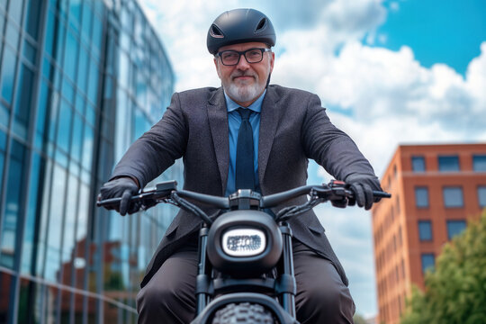 A confident older man, dressed in a black suit and helmet, rides a stylish modern electric bicycle in an urban environment with glass buildings in the background. Sustainable mobility.
