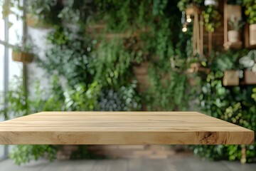 Naklejka premium Wooden Tabletop Against Greenery Background