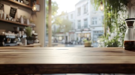 Wooden Tabletop with Coffee Server and Blurred Cafe Background