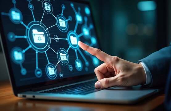 Person interacts with document management system on laptop. Business processes, digital security important. Person works on computer, manages files, shares documents. Tech processes digital
