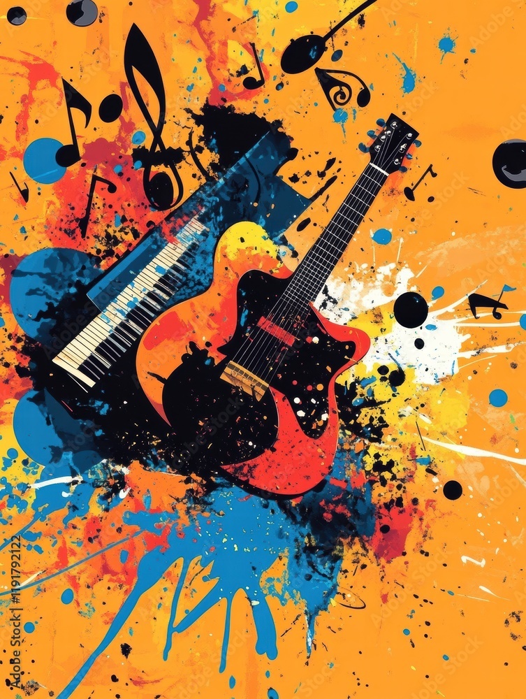 Fototapete Musical instruments and colorful notes create an energetic atmosphere in a vibrant artistic composition. Generative AI