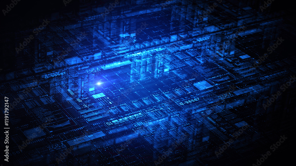 Poster abstract digital data network, showcasing interconnected grids and futuristic technology design, per