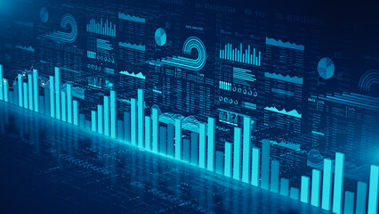 Business and financial investment strategy, Futuristic data analytics dashboard with glowing blue bar charts, pie graphs, and statistical visuals, Digital data abstract background 3d Rendering