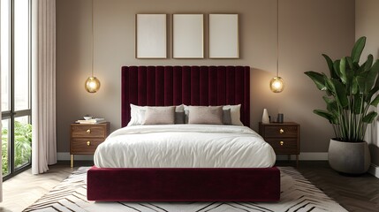 Contemporary bedroom with burgundy velvet headboard, soft white bedding, brass bedside lamps, and a geometric area rug, cozy and modern