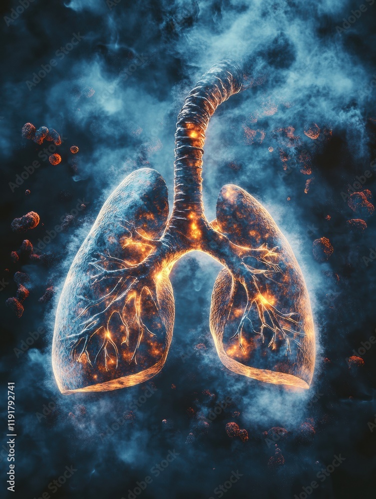 Poster Realistic depiction of lungs affected by pollution and surrounded by smog and dust particles in a dark environment. Generative AI
