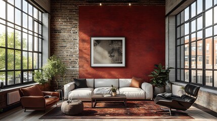 Industrial-style room with deep burgundy brick, soft white furniture, and metallic decor, bold and modern