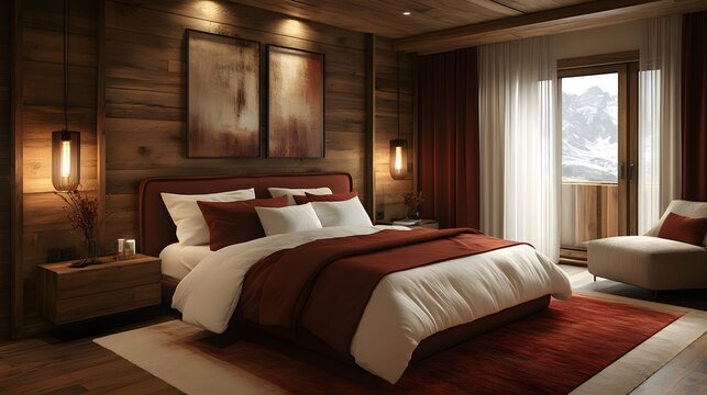 A rustic bedroom with burgundy and white accents, featuring warm wooden textures and soft lighting, cozy and inviting