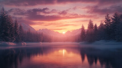 Winter Sunset Serenity: A Breathtaking Alpine Lake Reflecting a Fiery Sky