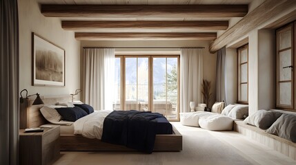 Fototapeta premium Rustic-modern bedroom with cream walls, navy textiles, and natural wooden furniture, cozy and serene