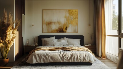 Minimalist design featuring navy bedding, cream walls, and abstract gold art, understated elegance