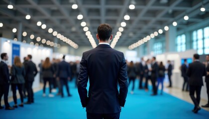 Business people attend expo in hall. Many visitors meeting. Hall busy. Executives stand in crowd. Network, look around. Business event happening. People in formal business attire. Atmosphere pro.