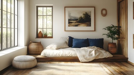 Scandinavian-modern room with navy and cream accents, wooden textures, and natural lighting, tranquil and fresh