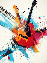 Musical instruments and vibrant colors create an explosion of creativity in a dynamic art display....