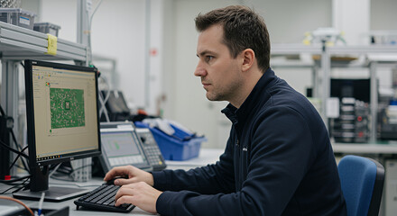 Electronics Factory : Caucasian Male Electrical Engineer Designs PCB Prototype, Works on Desktop Computer, uses CAD Software to Develop Microchips and Semiconductors. Modern Manufacturing Facility.