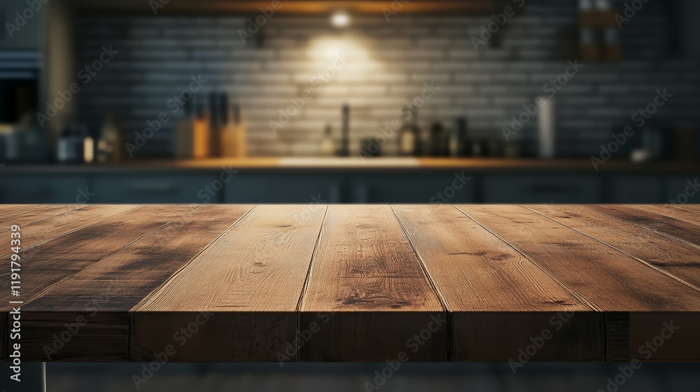 Poster Featuring an empty wooden table with a blurred modern kitchen in the background, creating an inviting atmosphere perfect for product placement or displaying culinary masterpieces