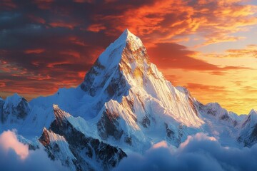 Majestic mountain peaks illuminated by sunrise with vibrant colors in the sky and clouds surrounding the summit. Generative AI