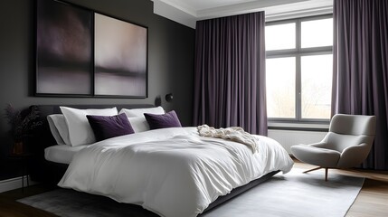 Modern chic bedroom with lavender velvet curtains, charcoal walls, and white bedding, stylish and tranquil