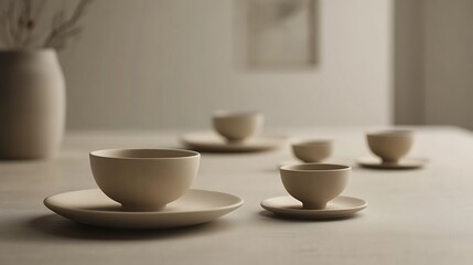 Fototapeta premium Minimalist beige ceramic cups and saucers on table