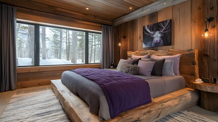Rustic bedroom featuring lavender and charcoal bedding, natural wood furniture, and warm lighting, inviting and stylish