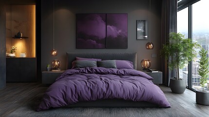 Industrial-modern design with lavender bedding, deep charcoal walls, and metallic finishes, bold and elegant
