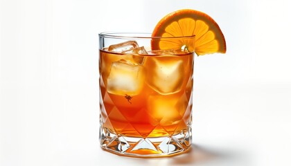 Closeup view of old-fashioned cocktail in glass. Drink is amber colored and has ice cubes. Slice of orange sits on top. Glass is clear and has cut design. Isolated on white background.