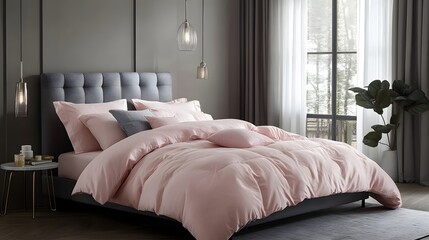 Minimalist bedroom featuring blush pink bedding, a charcoal gray bed frame, and silver lighting, understated and refined