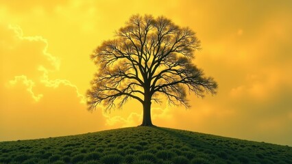 Obraz premium A solitary tree stands atop a hill, its silhouette stark against a vibrant yellow sky dotted with fluffy cumulus clouds. Dark green leaves carpet the surrounding hillside beneath the expansive blue he