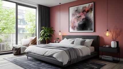 A contemporary bedroom with a blush pink accent wall, charcoal gray decor, and abstract art, artistic and bold