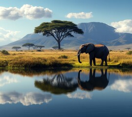 Naklejka premium A serene landscape showcasing an elephant by a tranquil water body, surrounded by lush grasslands and majestic mountains, reflecting the beauty of nature and wildlife harmony.