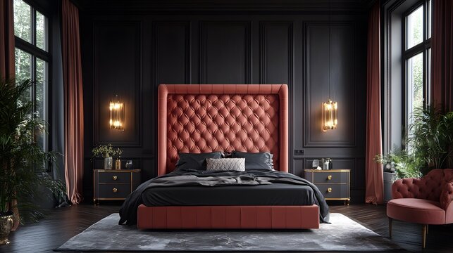 A luxurious bedroom with blush pink upholstered bed, warm charcoal walls, and metallic gold decor, elegant and stylish