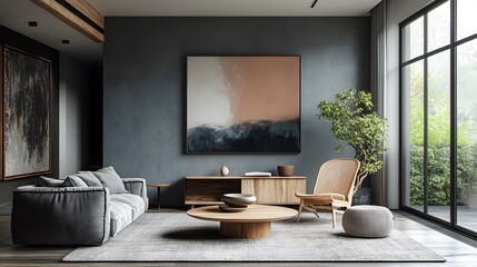 Scandinavian-modern room with blush pink and charcoal gray palette, light wood furniture, and minimalist decor, airy and inviting