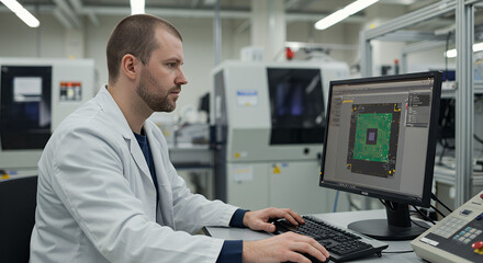 Electronics Factory : Caucasian Male Electrical Engineer Designs PCB Prototype, Works on Desktop Computer, uses CAD Software to Develop Microchips and Semiconductors. Modern Manufacturing Facility.