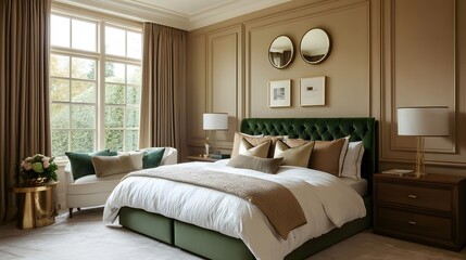 Art Deco-inspired bedroom with forest green velvet accents, warm beige walls, and gold-framed mirrors, luxurious and stylish