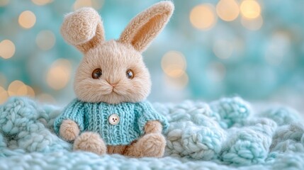 Obraz premium Cute bunny sweater, bokeh lights, knit blanket, Easter