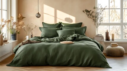 Industrial-inspired space with forest green bedding, warm beige walls, and metallic accents, bold and refined