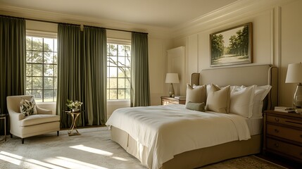 A serene bedroom with forest green drapes, beige decor, and soft lighting, calming and elegant