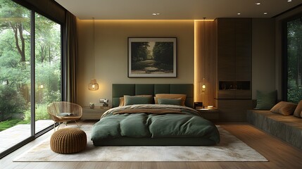 Contemporary design with forest green bedding, warm beige walls, and sleek gold lighting, elegant and calming