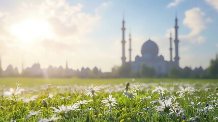 Obraz premium Daisies, Mosque sunrise, peaceful field