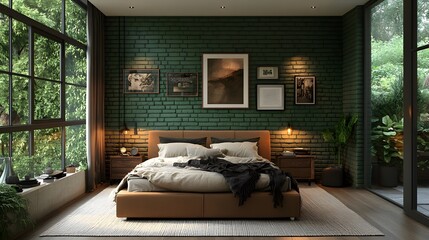 Industrial-inspired bedroom with forest green brick walls, beige decor, and black metallic accents, bold and modern