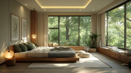 Fototapeta premium Minimalist bedroom with forest green cushions, beige furniture, and soft lighting, understated and refined