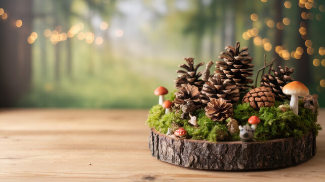 Enchanting Autumn Forest Scene Pine Cones Moss Mushrooms Wooden Slice