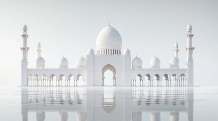 Obraz premium Majestic white mosque reflecting in calm water, serene morning light. Use travel brochure