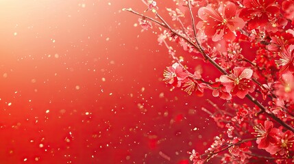 Red blossoms, spring sunshine, soft background, festive card