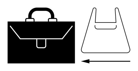 Black briefcase transitioning to an outline of reusable bag with arrow indicating change. Ideal for sustainability, eco-friendly choices, business transformation, modern shopping, environmental
