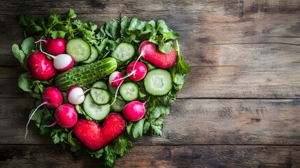 Heart Shaped Arrangement Of Fresh Radishes Cucumbers And Greens
